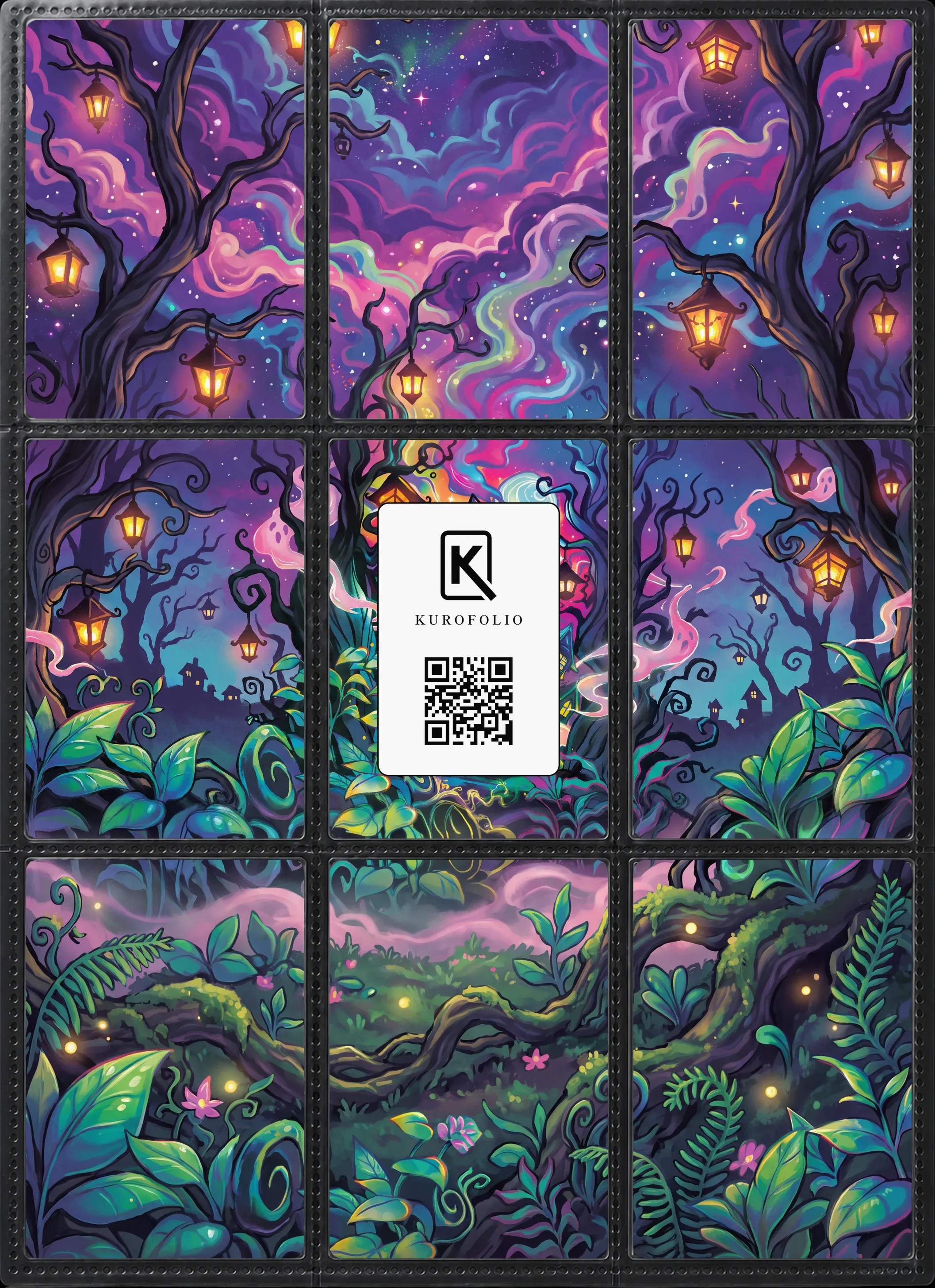 The nine printed pieces of the Gengar design in a black binder page, before the card goes in. The piece behind the card carries the Kurofolio logo and a QR code.